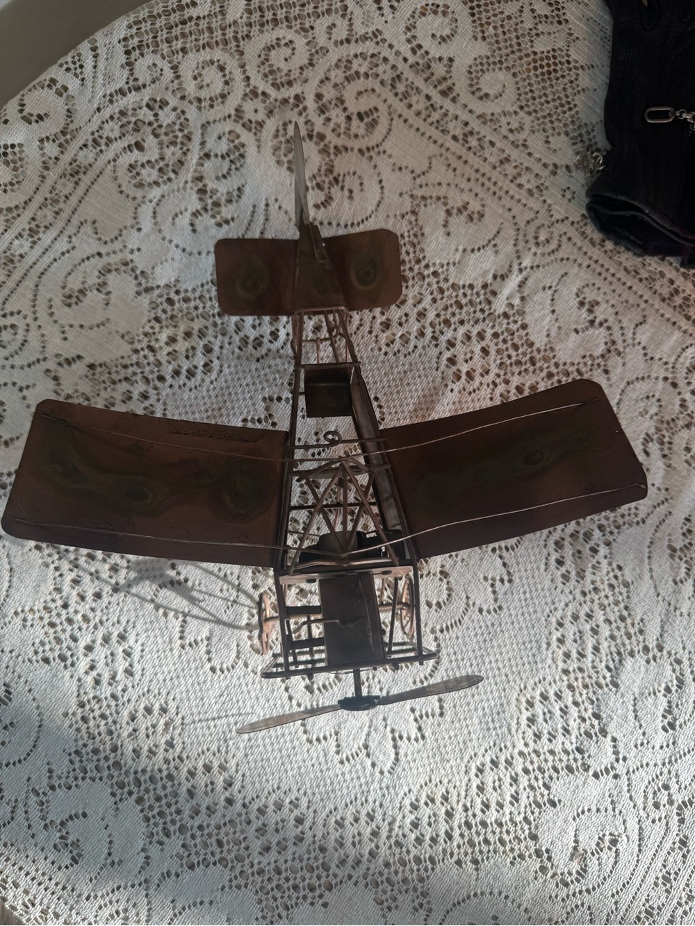 Metal Vintage-Style Biplane Sculpture in Antique Copper